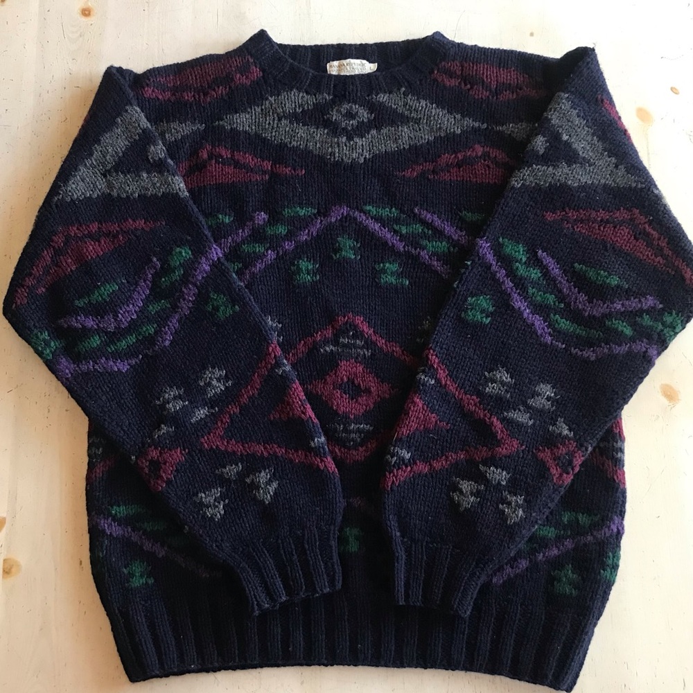 Vintage Mens Banana Republic Safari & Travel Chunky Wool Sweater Geo Design LG